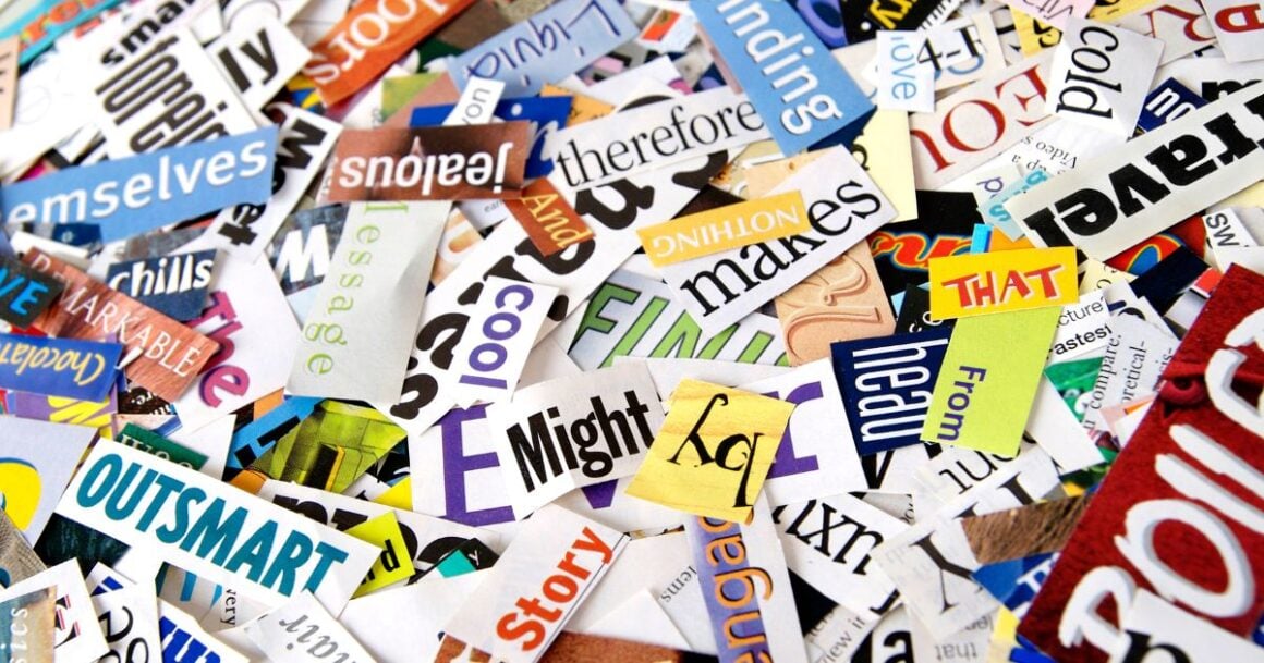 Colorful magazine cutouts and words