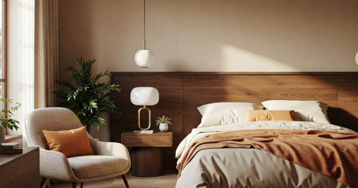 Cozy bedroom with warm tones.